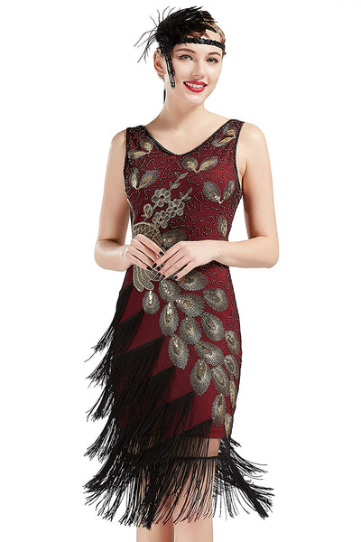 US STOCK Vintage 1920s Wine Unique Peacock Sequined Dress Gatsby Fringed Flapper Dress Roaring 20s Party Dress