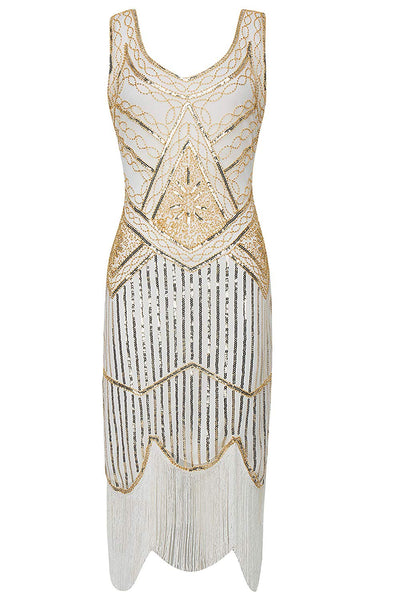 Vintage 1920s Cream White Flapper 20s Great Gatsby Dress Fringed Sequin Art Deco Dress
