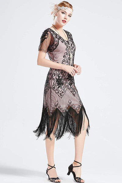 US STOCK Vintage 1920s Unique Black and Beige Unique Art Deco Fringed Sequin Dress 20s Flapper Gatsby Dress