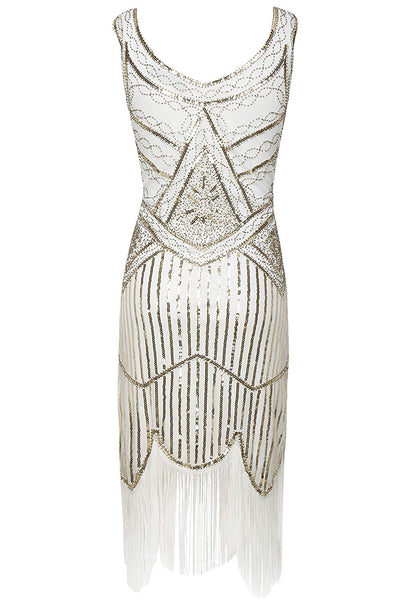 Vintage White Unique 1920s Flapper Dress Roaring 20s Great Gatsby Dress Fringed Sequin Art Deco Dress