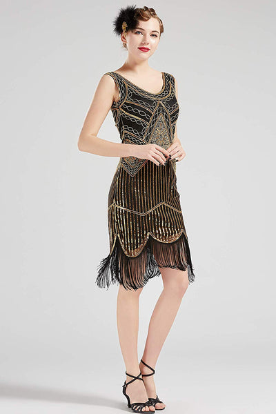 Vintage Black and Gold 1920s Flapper 20s Great Gatsby Dress Fringed Sequin Art Deco