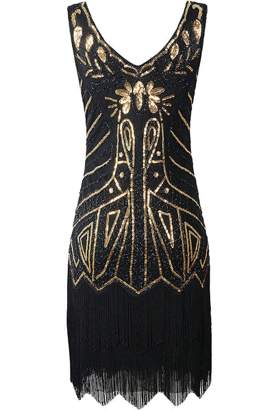 US STOCK Vintage 1920s Unique black and gold Beaded Fringed Great Gatsby 20s Dress
