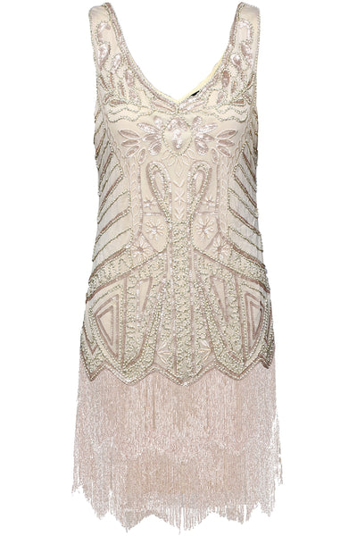 US STOCK White and Silver Sleeveless Flapper Beaded and Sequined Mini Dress