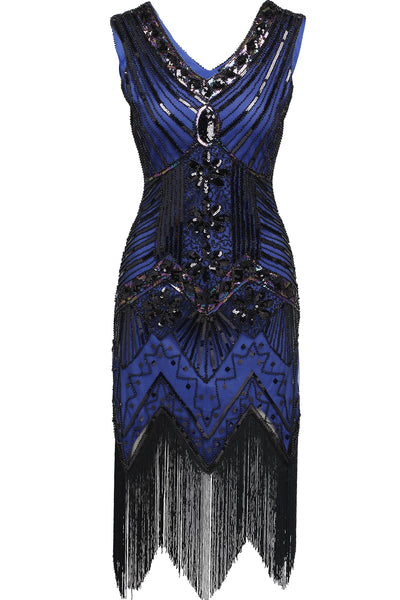 US Stock Black and Blue glass beaded Fringe Flapper Dress