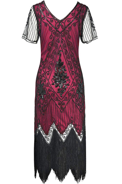 US STOCK Vintage Black and Red Unique 1920s Art Deco Fringed Sequin Dress 20s Flapper Gatsby Dress
