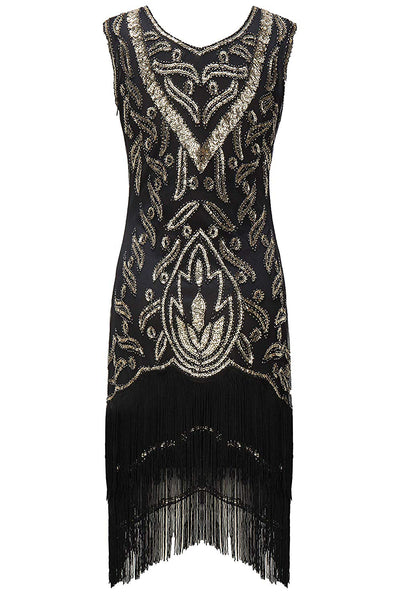 US STOCK Vintage Black and Gold Unique 1920s Flapper Dress Long Fringed Gatsby Dress Sequins Beaded Art Deco