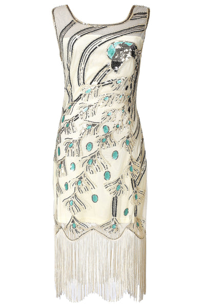 Blue and Black Peacock Sequin Fringed Party Flapper Dress