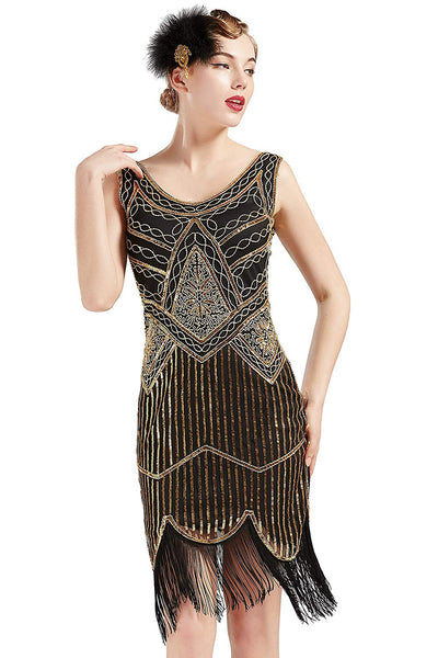 Vintage Black and Gold 1920s Flapper 20s Great Gatsby Dress Fringed Sequin Art Deco