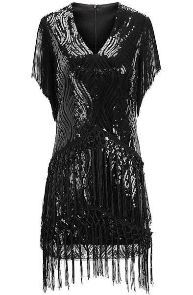 US STOCK Vintage Black 1920s Unique Flapper Dress Long Fringed Gatsby Dress Roaring 20s Sequins Beaded Dress Vintage Art Deco Dress