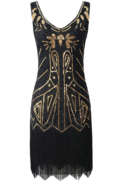 US STOCK Vintage 1920s Unique black and gold Beaded Fringed Great Gatsby 20s Dress
