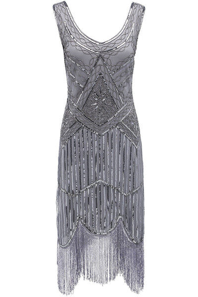 Vintage Silver Unique 1920s Flapper 20s Great Gatsby Dress Fringed Sequin Art Deco