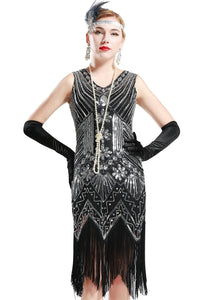 US Stock Jet Black glass beaded Fringe Flapper Dress