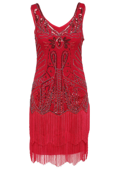 US STOCK Bright Red Sleeveless Flapper Beaded and Sequined Mini Dress