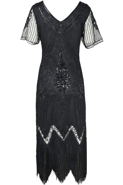 US STOCK Vintage Black 1920s Art Deco Unique Fringed Sequin Dress 20s Flapper Gatsby