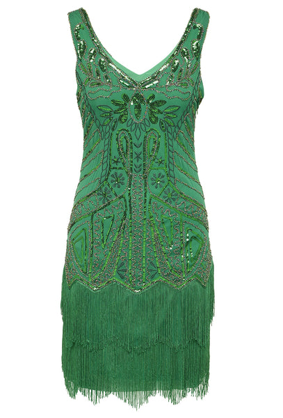 US STOCK Bright Green Sleeveless Flapper Beaded and Sequined Mini Dress