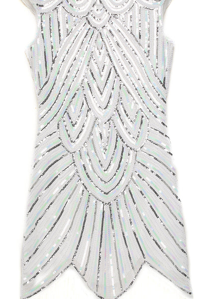 US STOCK White and Silver Flapper Beaded Fringed Great Gatsby Dress