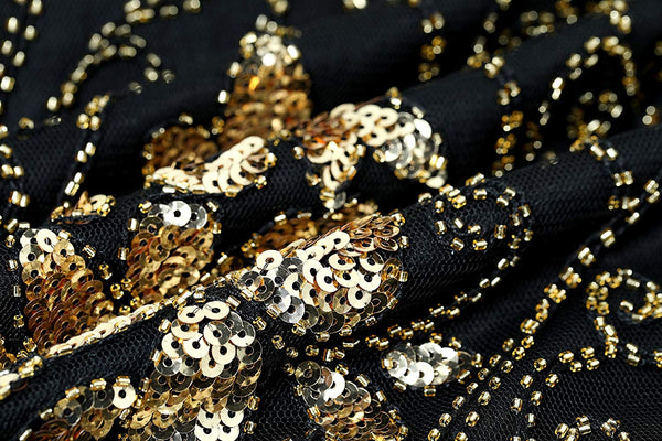 US STOCK Vintage 1920s Unique Black and Gold Art Deco Fringed Sequin Dress 20s Flapper Gatsby Dress