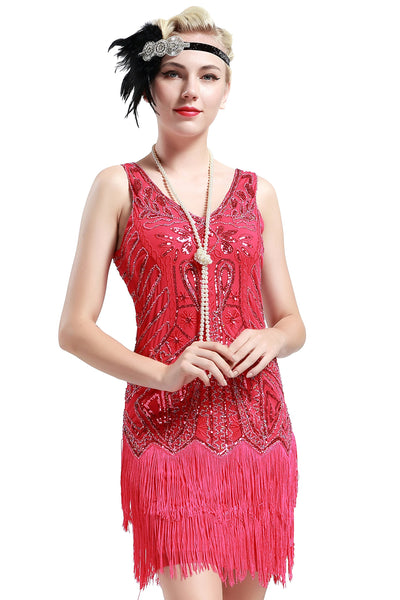 US STOCK Bright Red Sleeveless Flapper Beaded and Sequined Mini Dress