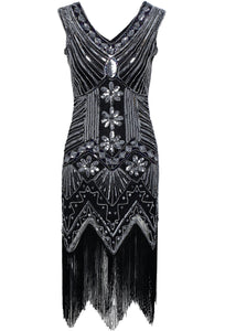 Black and Silver glass beaded Fringe Flapper Dress