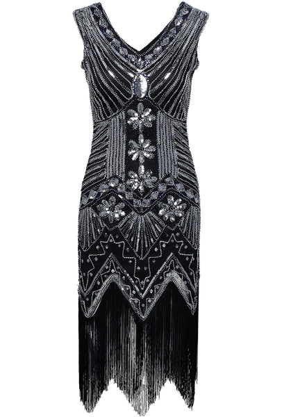 Black and Silver glass beaded Fringe Flapper Dress