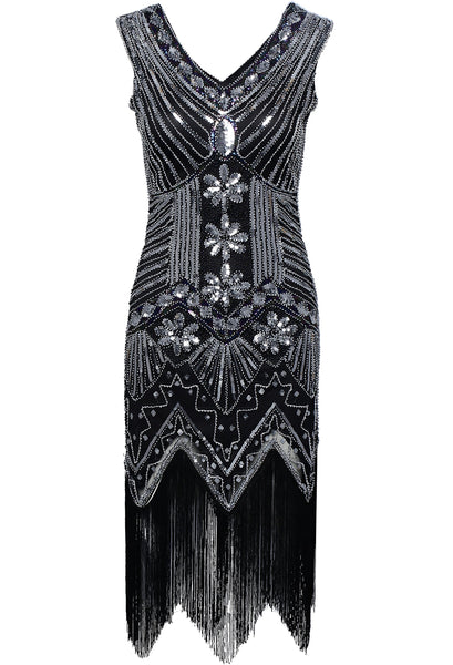 US Stock Black and Green glass beaded Fringe Flapper Dress