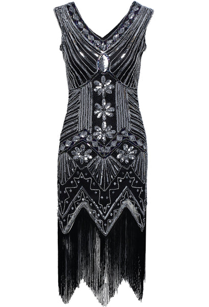 US Stock Black and Silver glass beaded Fringe Flapper Dress