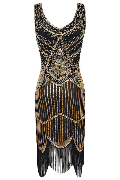 Vintage Black and Gold 1920s Flapper 20s Great Gatsby Dress Fringed Sequin Art Deco