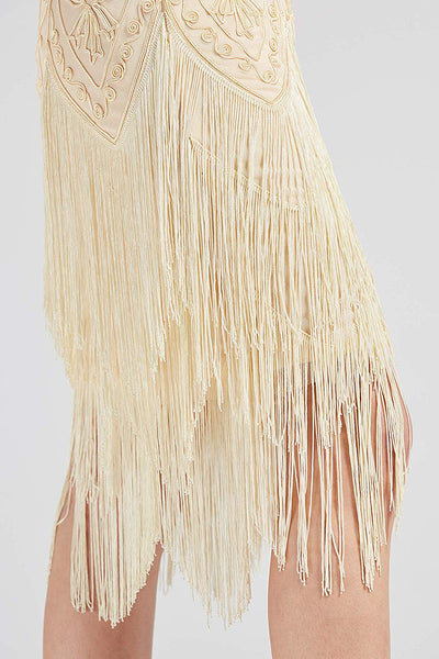 US STOCK Vintage Cream 1920s Unique Flapper Dress Roaring 20s Great Gatsby Fringed  Dress