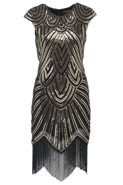 US STOCK Jet Black Flapper Beaded Fringed Great Gatsby Dress