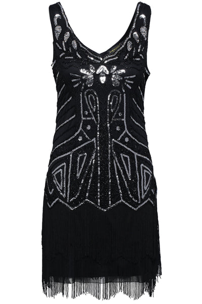 US STOCK White and Silver Sleeveless Flapper Beaded and Sequined Mini Dress