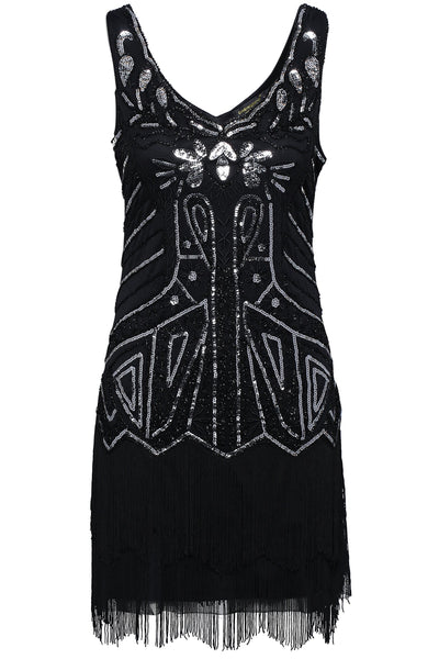 US STOCK Black and Silver Sleeveless Flapper Beaded and Sequined Mini Dress