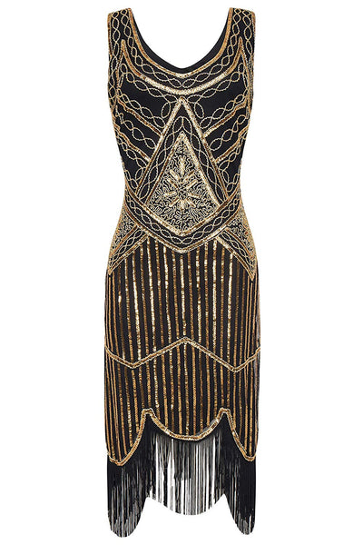 Vintage Black and Gold 1920s Flapper 20s Great Gatsby Dress Fringed Sequin Art Deco
