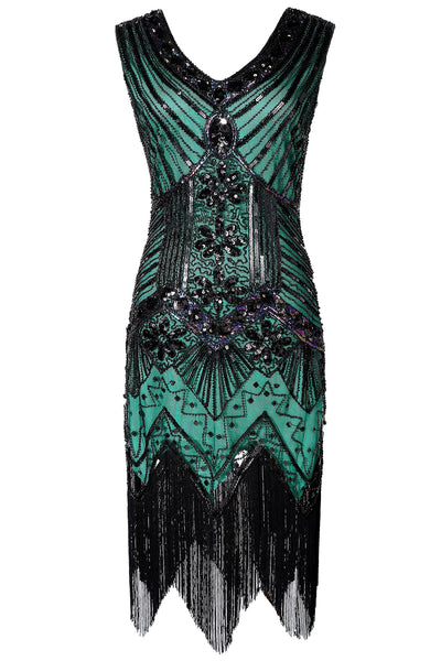 US Stock Jet Black glass beaded Fringe Flapper Dress