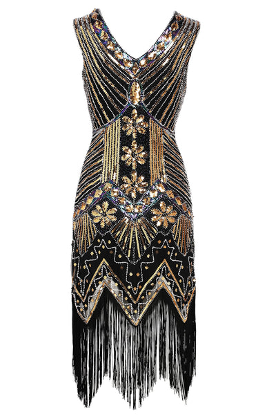 US Stock Jet Black glass beaded Fringe Flapper Dress