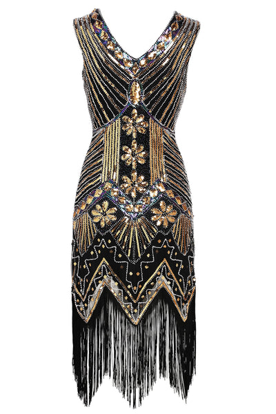 US Stock Black and Gold glass beaded Fringe Flapper Dress