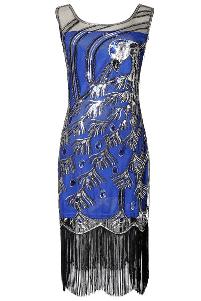 Blue and Black Peacock Sequin Fringed Party Flapper Dress
