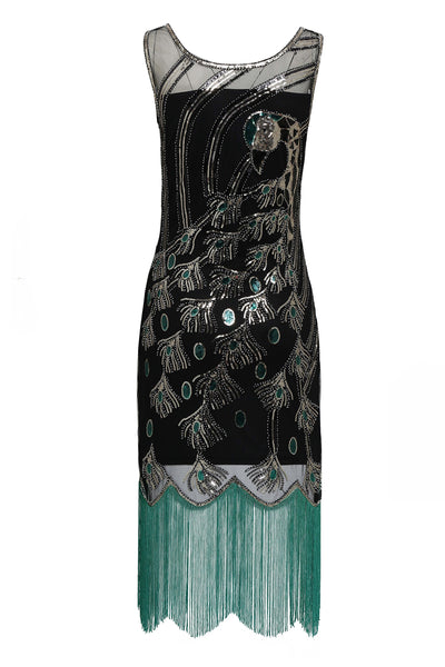 Blue and Black Peacock Sequin Fringed Party Flapper Dress
