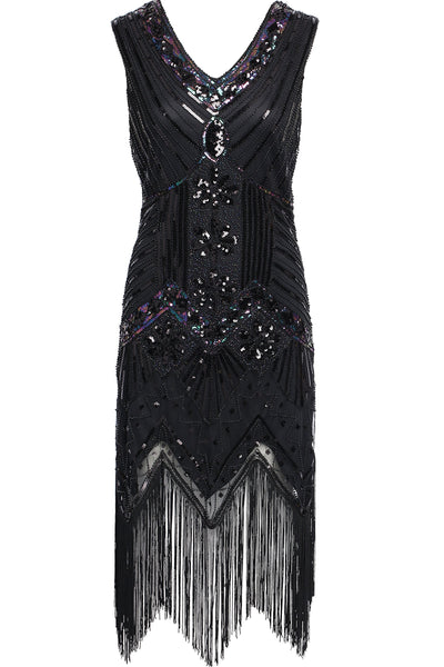 US Stock Black and Green glass beaded Fringe Flapper Dress
