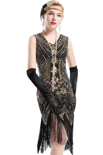 US Stock Black and Red glass beaded Fringe Flapper Dress