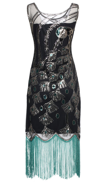 Green and Black Peacock Sequin Fringed Party Flapper Dress