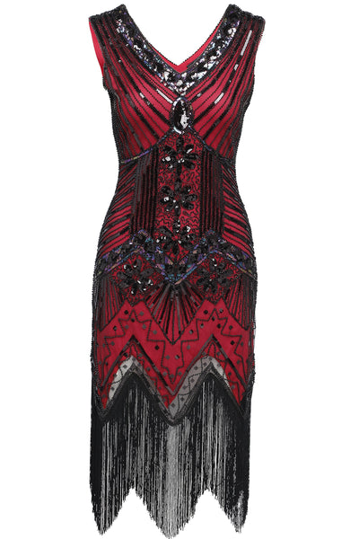US Stock Black and Red glass beaded Fringe Flapper Dress