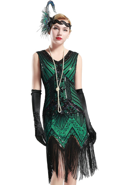 US Stock Jet Black glass beaded Fringe Flapper Dress