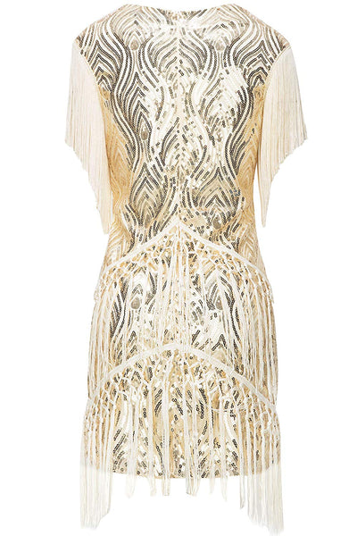 US STOCK Vintage Ivory 1920s Unique Flapper Dress Long Fringed Gatsby Dress Roaring 20s Sequins Beaded Dress Vintage Art Deco Dress