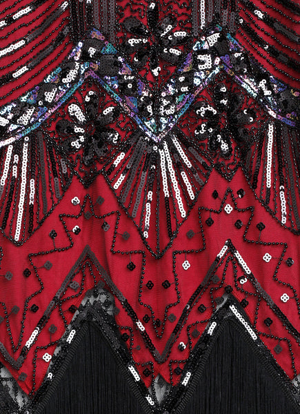 US Stock Black and Red glass beaded Fringe Flapper Dress