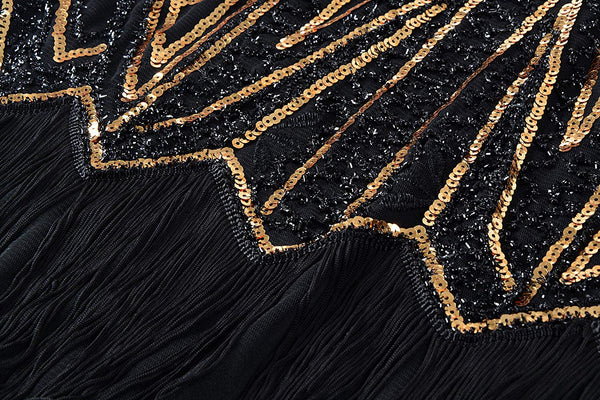US STOCK Vintage 1920s Unique black and gold Beaded Fringed Great Gatsby 20s Dress