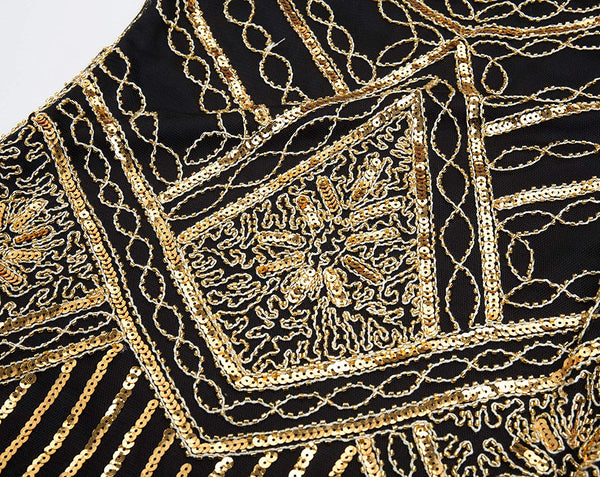 Vintage Black and Gold 1920s Flapper 20s Great Gatsby Dress Fringed Sequin Art Deco