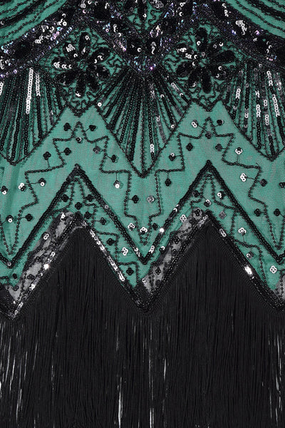 US Stock Black and Green glass beaded Fringe Flapper Dress