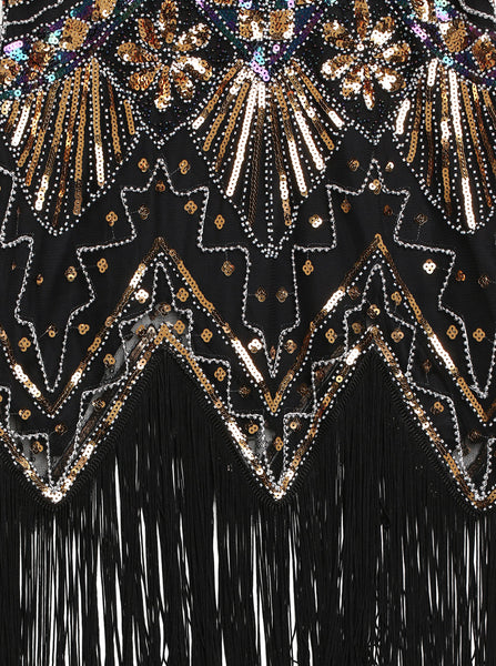 US Stock Black and Green glass beaded Fringe Flapper Dress