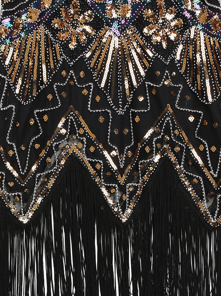 US Stock Black and Gold glass beaded Fringe Flapper Dress