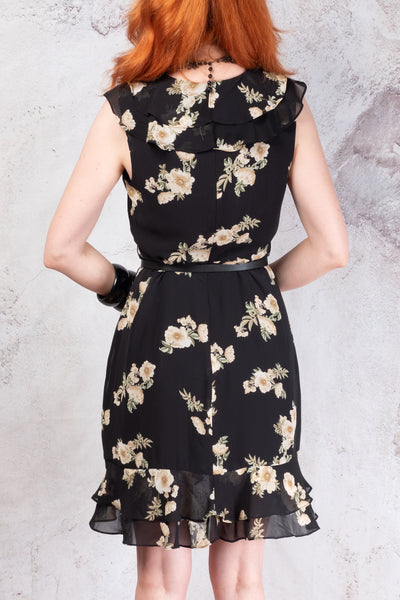 Black floral ruffle wrap dress 8 medium NWT